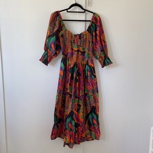 𝅺HOUSE of harlow 1960 Multi Colored Puff Sleeve Midi Dress